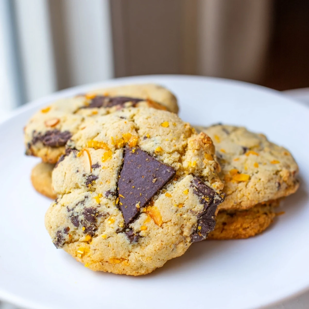 Chewy orange almond chocolate chunk cookies studded with roasted nuts and gooey chocolate pieces