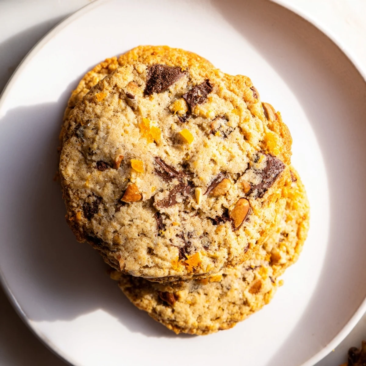 Golden orange almond chocolate chunk cookies with melted dark chocolate pools on rustic parchment
