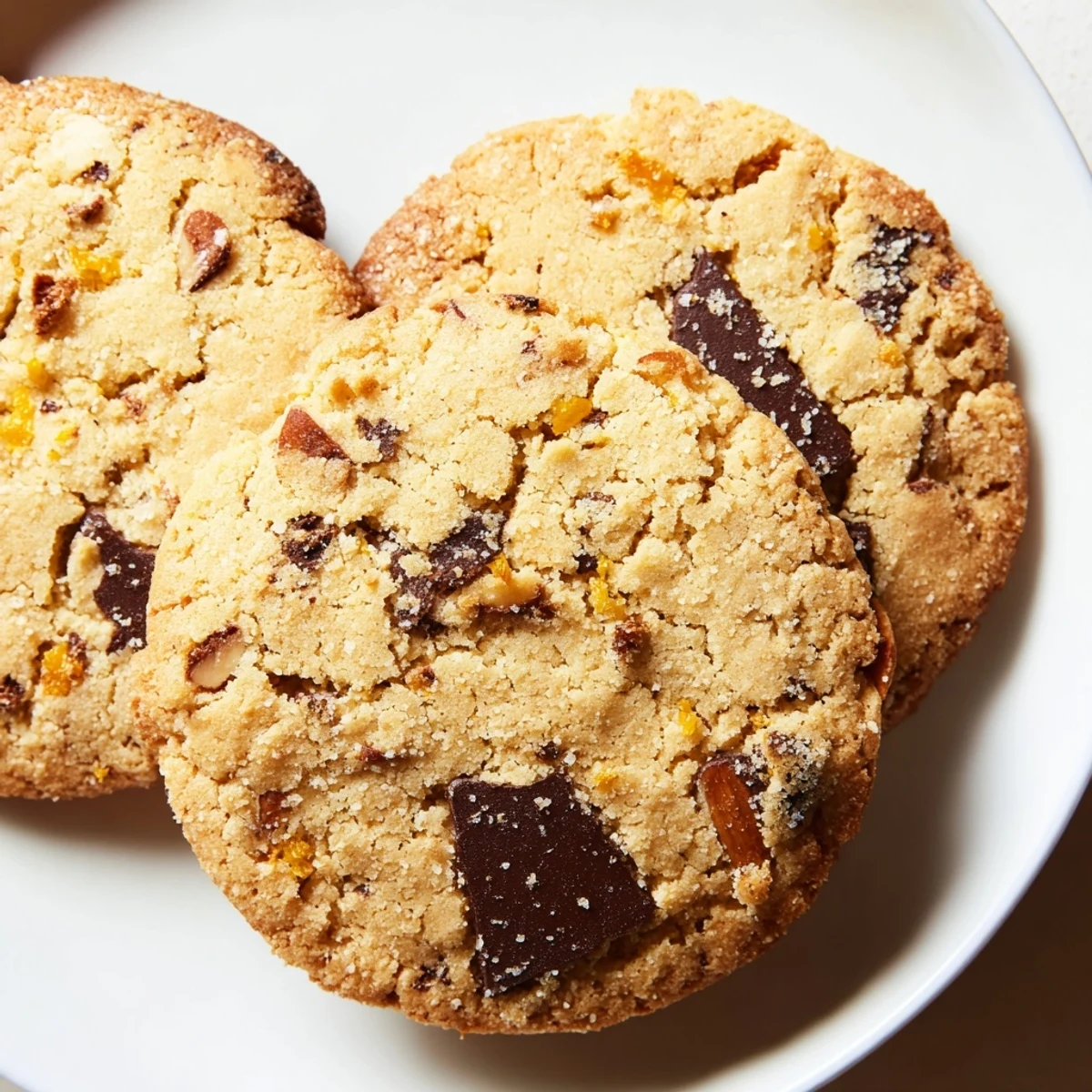 Freshly baked orange almond chocolate chunk cookies cooling on a wire rack with citrus zest visible