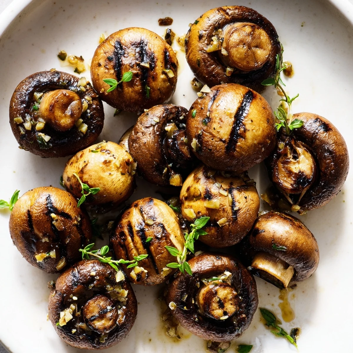 Juicy grilled mushrooms glistening with garlic butter on a rustic wooden cutting board