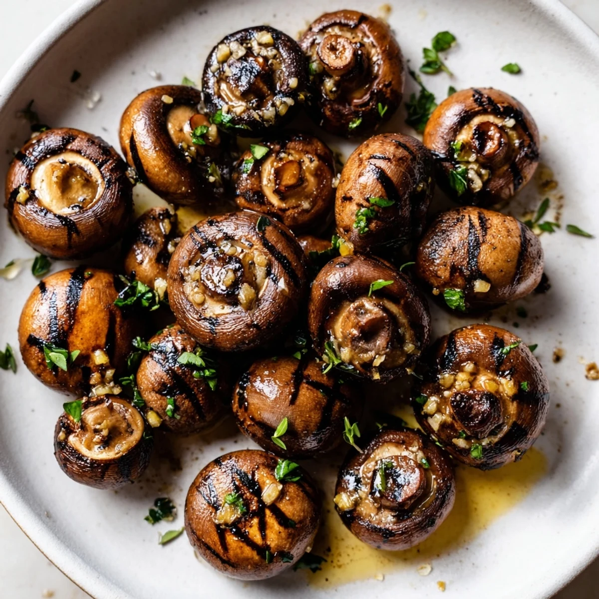 Golden steakhouse style garlic butter grilled mushrooms with fresh herbs and char marks