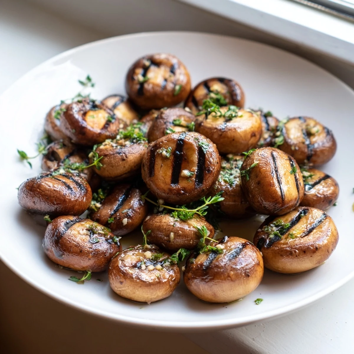 Sizzling garlic butter marinated grilled mushrooms served in a cast iron skillet