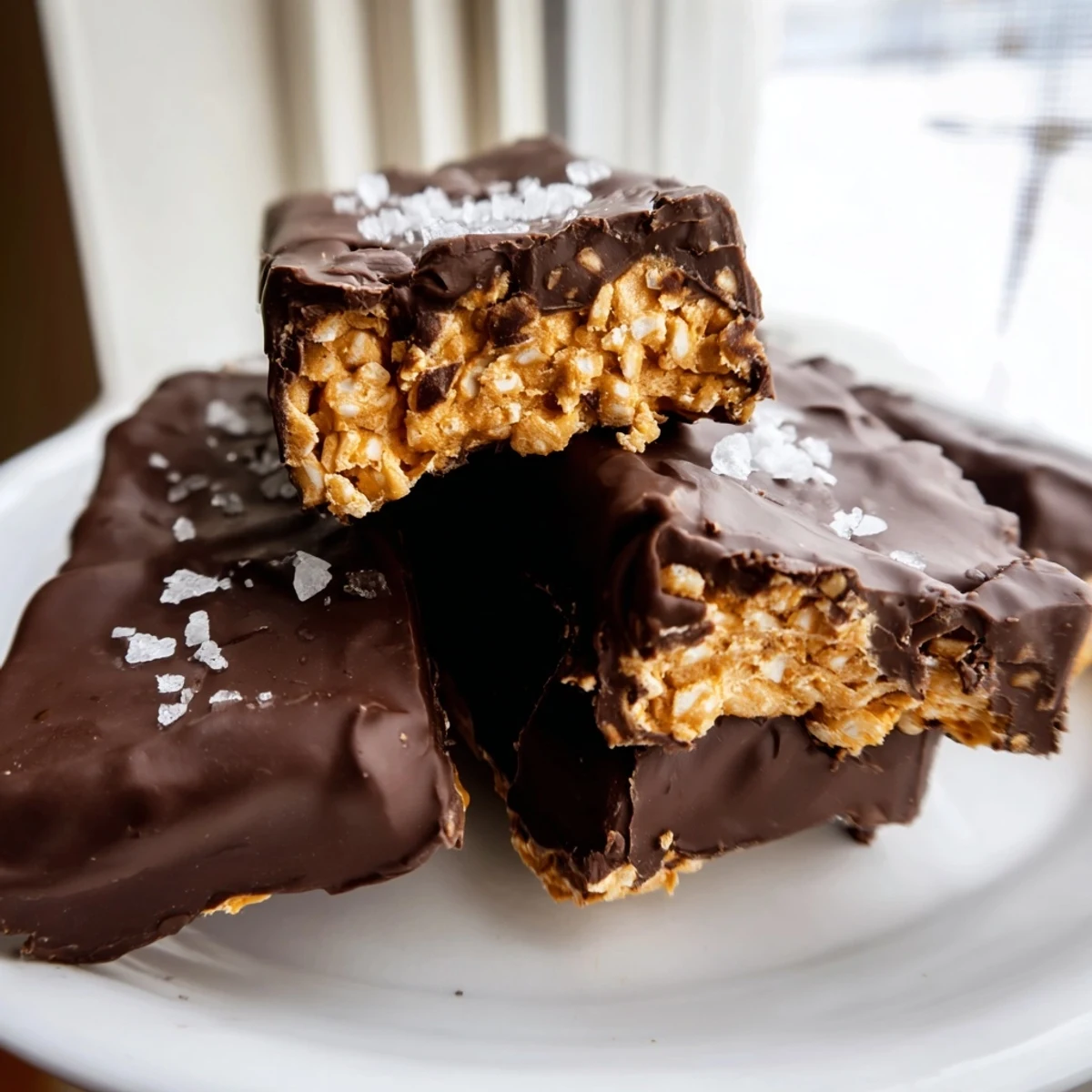 Healthy homemade butterfingers with crunchy peanut butter centers dipped in glossy dark chocolate