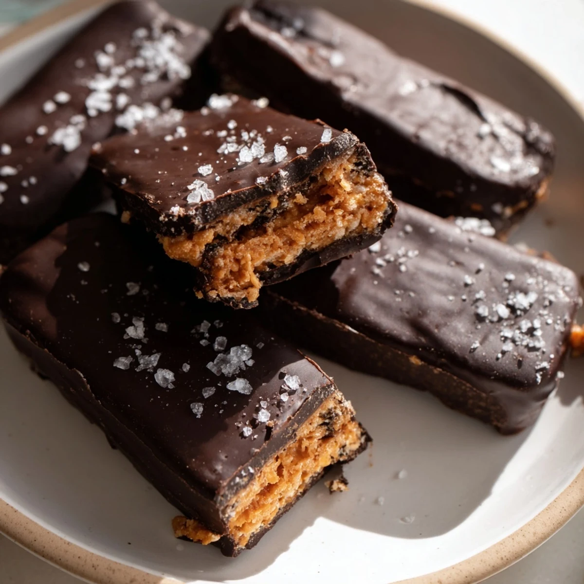 Golden cornflake peanut butter bars coated in rich chocolate resting on parchment paper