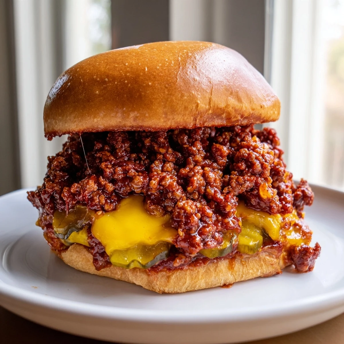 Thick, saucy Smash Burger Sloppy Joes served with pickles and melty American cheese