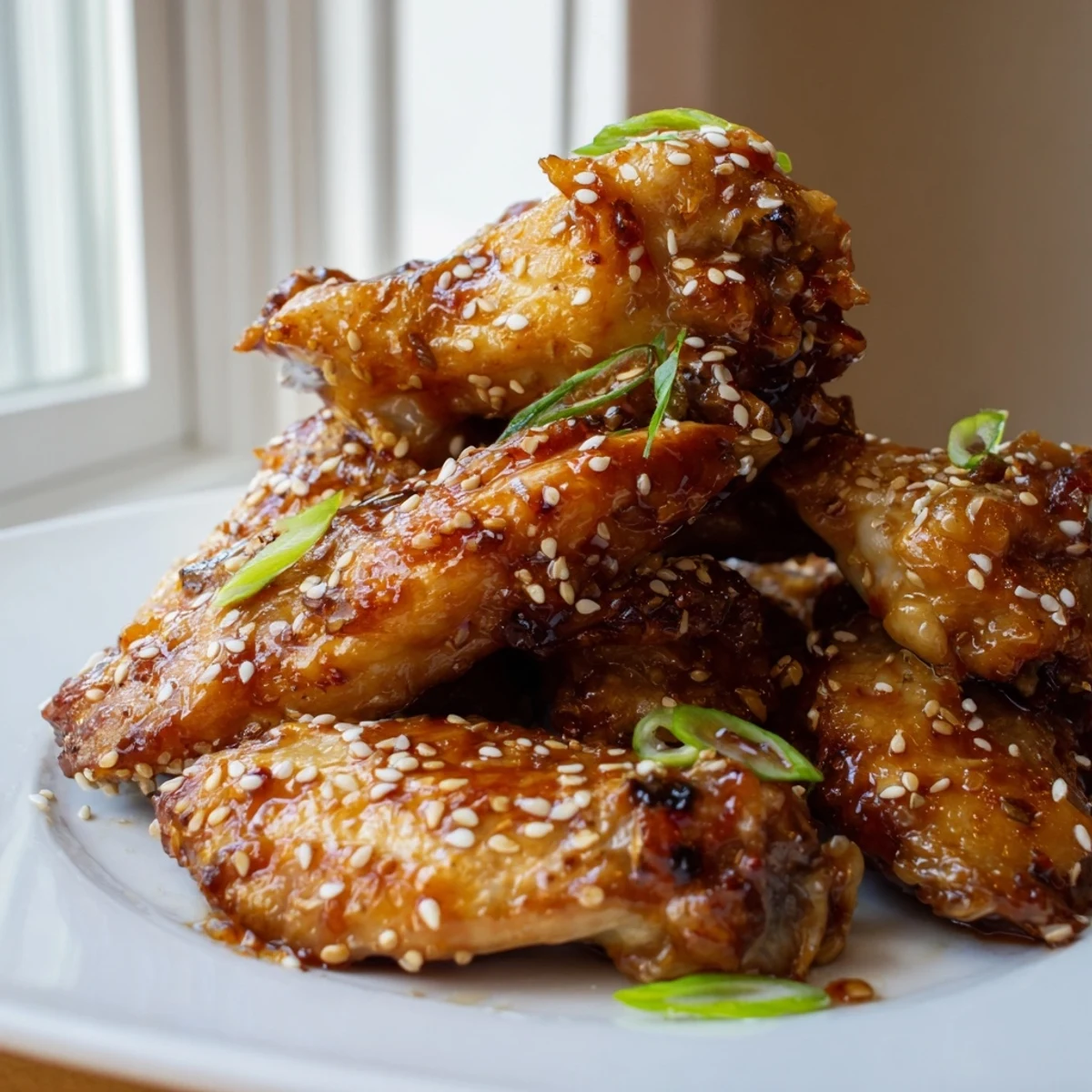 Glossy miso honey marinated chicken wings piled on a platter with sesame seeds and green onions