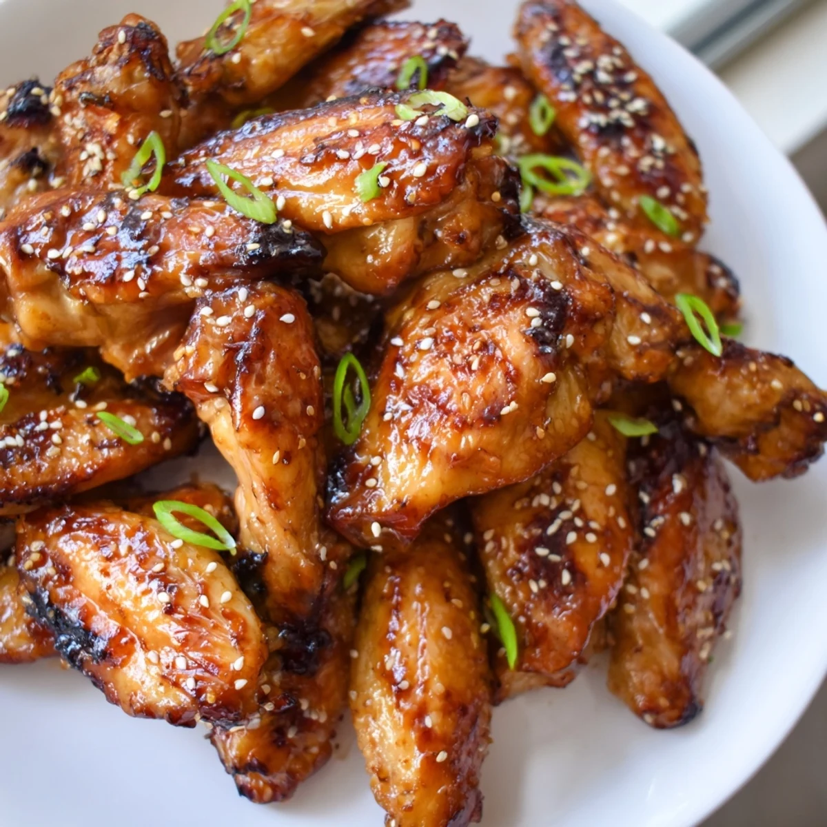 Sticky caramelized miso honey marinated chicken wings fresh from the oven with a shiny sweet glaze