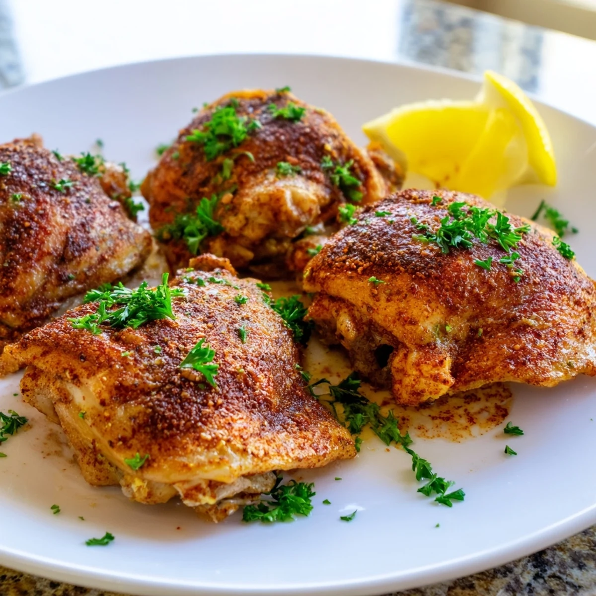 Crispy oven baked chicken thighs with golden herb-crusted skin on a baking sheet