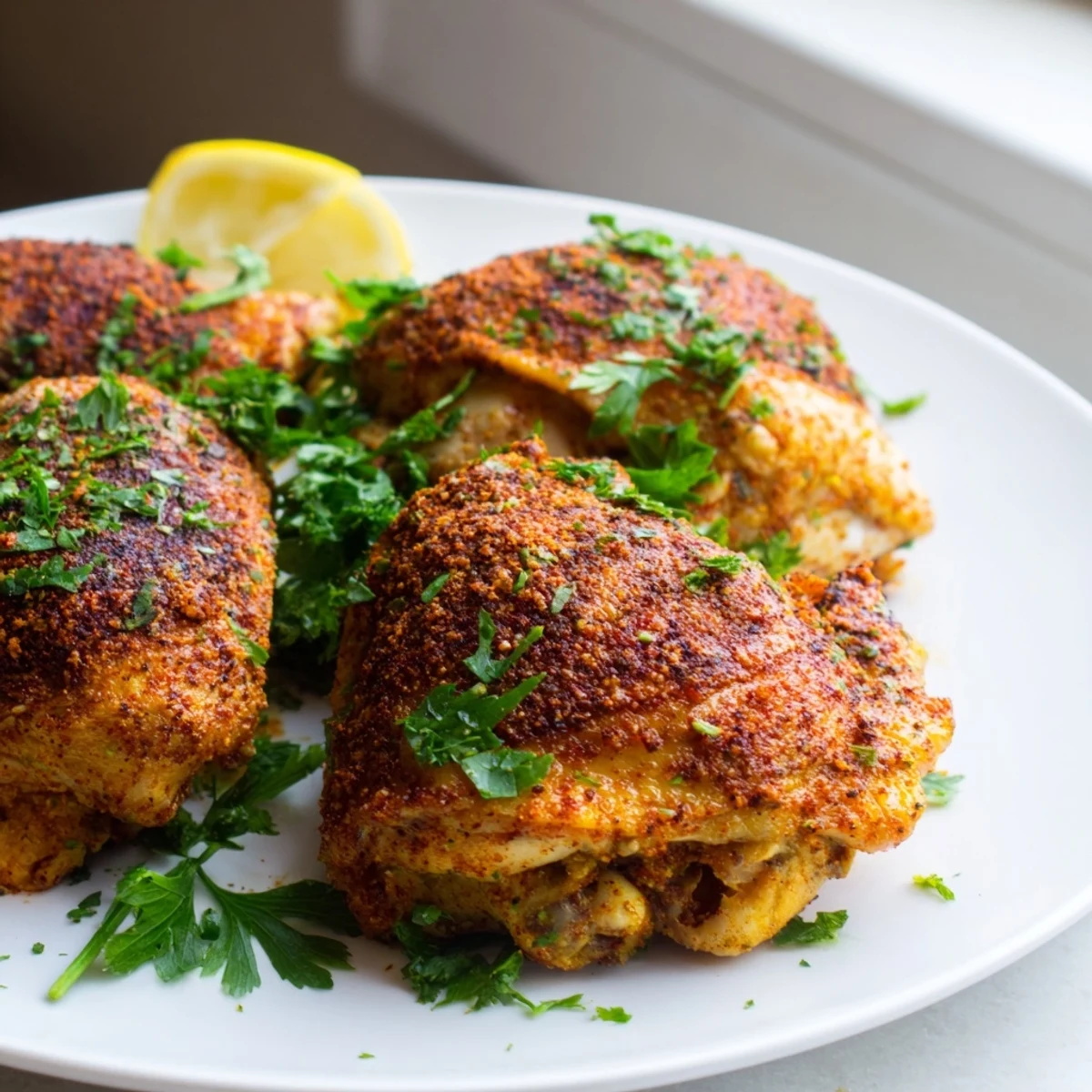Juicy oven baked chicken thighs garnished with fresh parsley and lemon wedges
