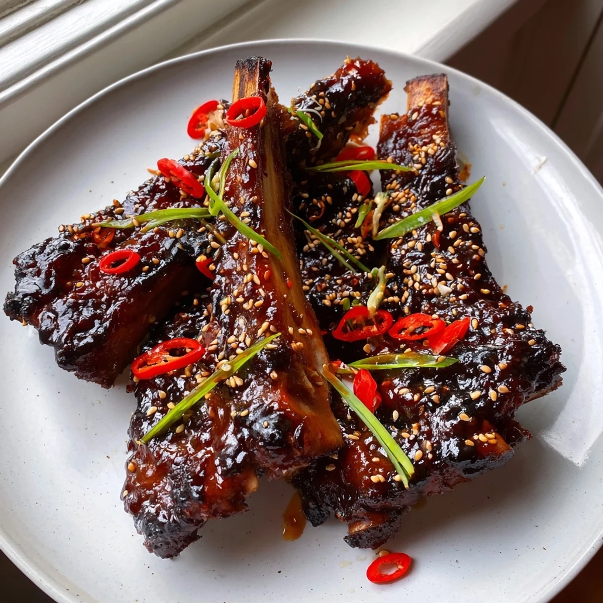 Korean BBQ lamb ribs glistening with glossy glaze and bright yuzu wedges on a rustic platter