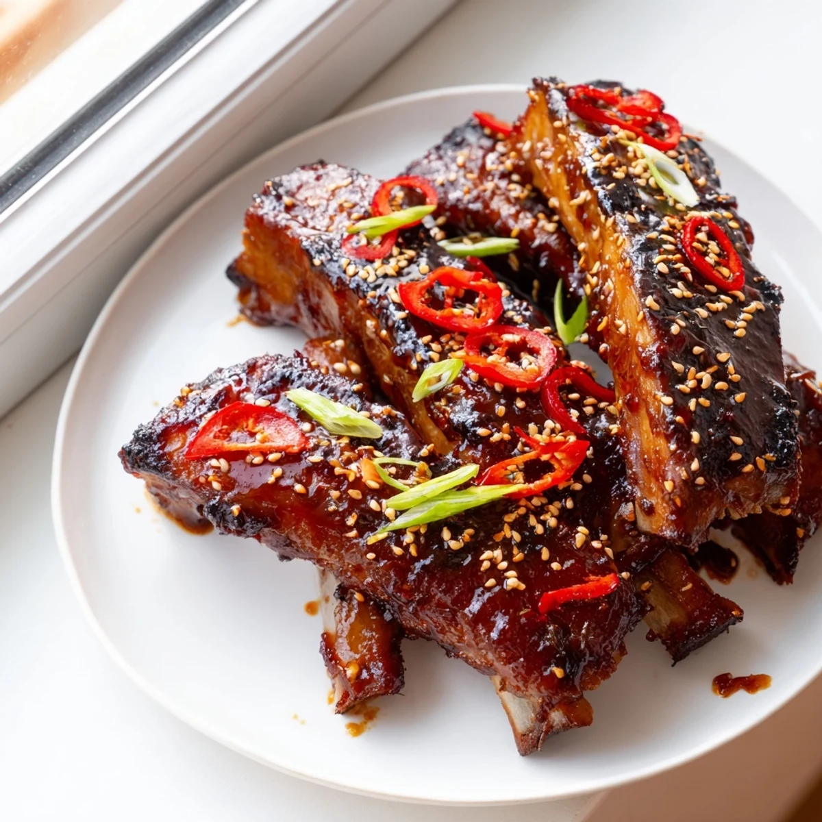 Caramelized Korean BBQ lamb ribs topped with sesame seeds, sliced scallions, and fresh yuzu citrus