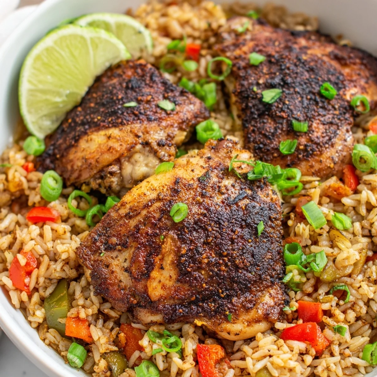 Spicy jerk chicken rice served steaming in a skillet with fresh herbs and lime wedges