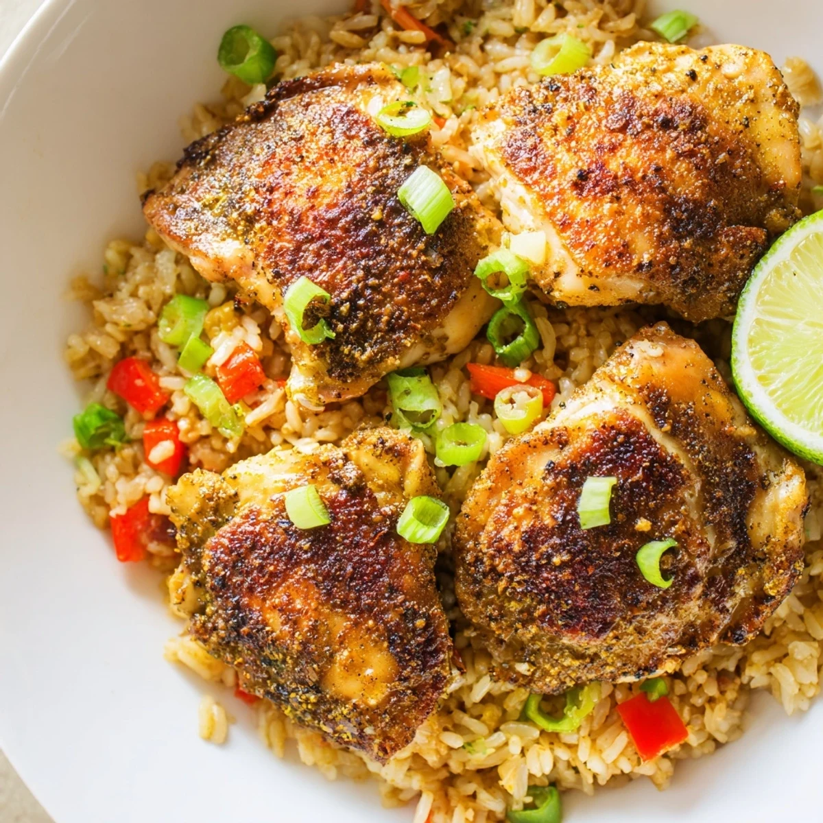 Golden seared spicy jerk chicken rice topped with spring onions in a rustic Dutch oven
