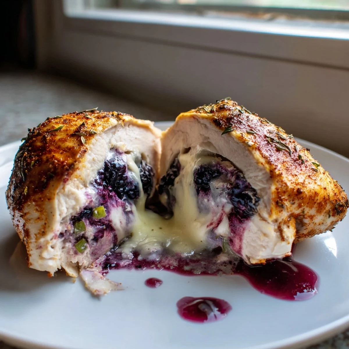 Juicy Blackberry Jalapeno Stuffed Chicken fresh from the oven with bubbling melted cheese filling