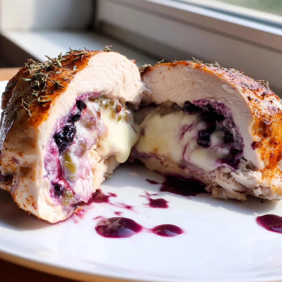 Golden baked Blackberry Jalapeno Stuffed Chicken sliced open revealing creamy purple berry and pepper filling