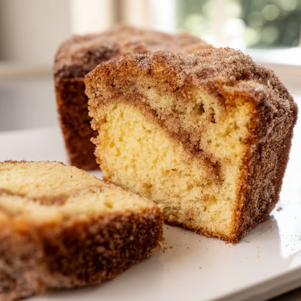 Golden cinnamon donut loaf sliced thick with a sparkling cinnamon sugar crust on a rustic wooden board