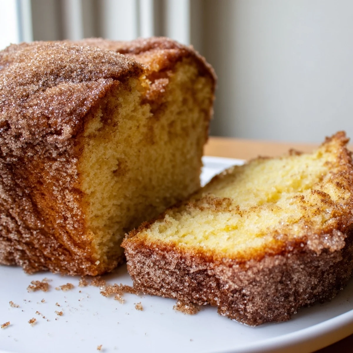 Warm cinnamon donut loaf fresh from the oven brushed with melted butter and coated in cinnamon sugar