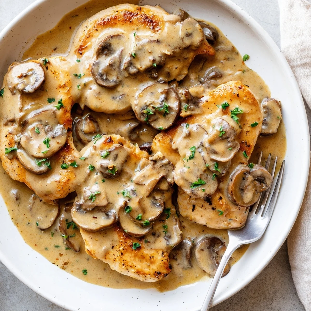 Creamy mushroom chicken with golden herb potatoes plated on a rustic white dish