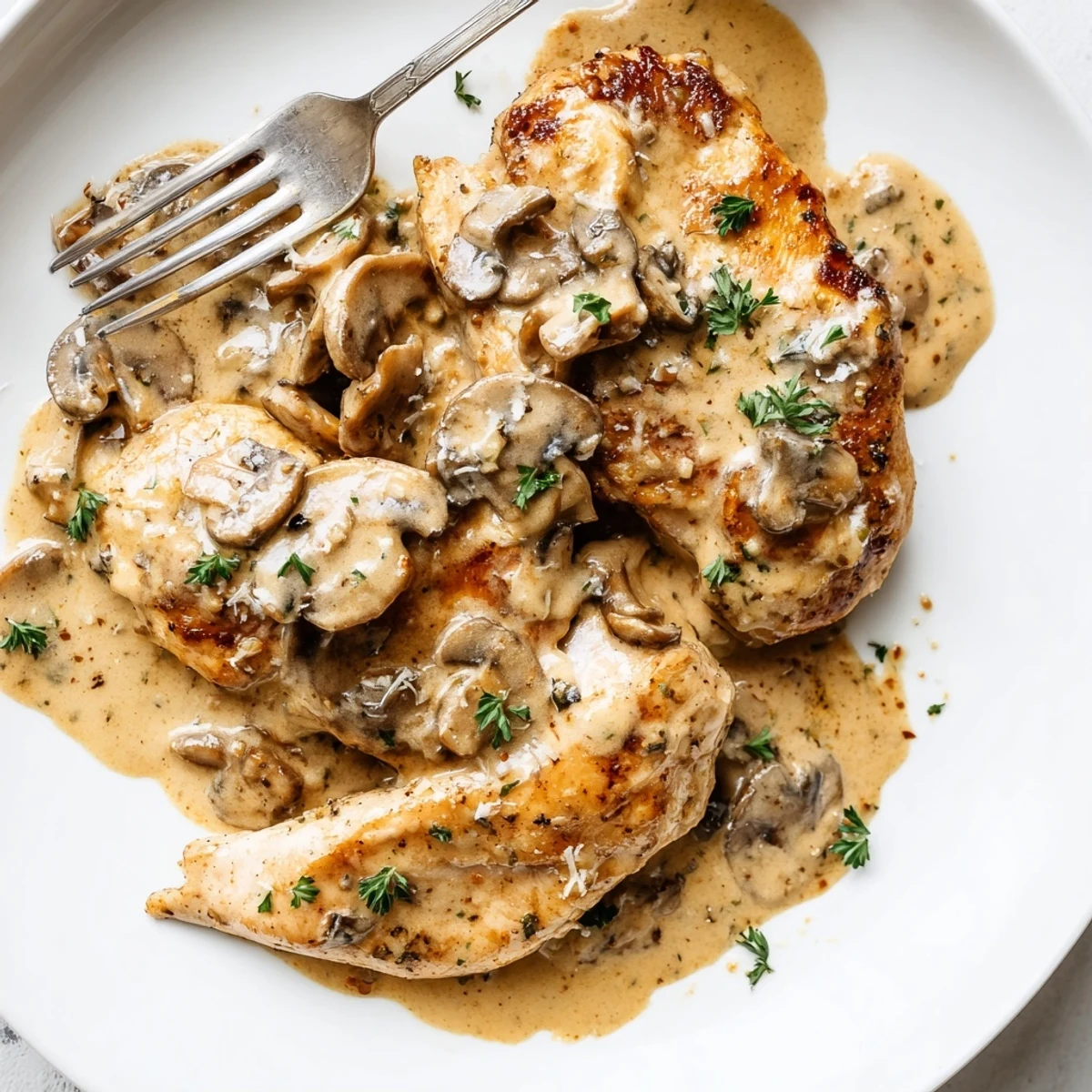 Tender creamy mushroom chicken smothered in sauce beside crispy rosemary roasted potatoes