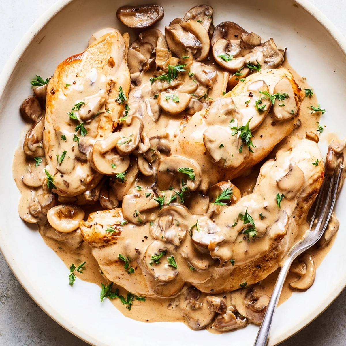Creamy mushroom chicken topped with fresh parsley served alongside crunchy herb potatoes