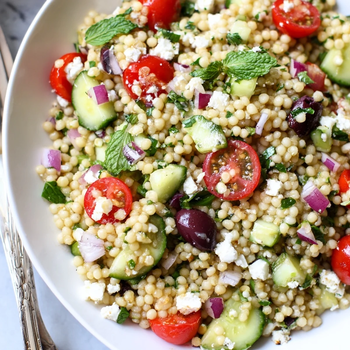Fluffy Mediterranean couscous salad tossed with vibrant vegetables and crumbled feta cheese