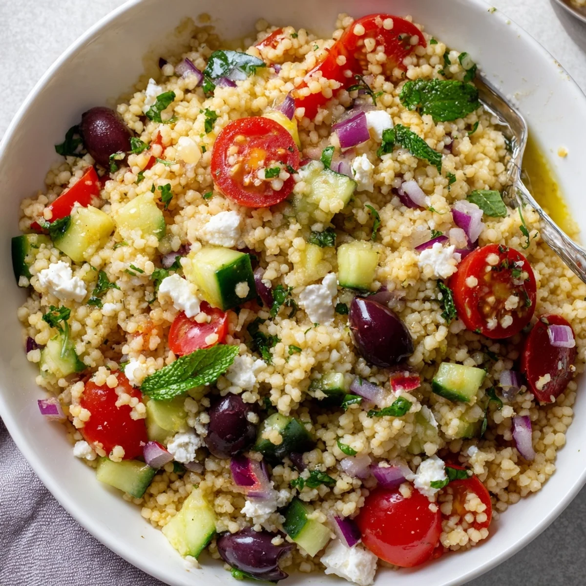 Mediterranean couscous salad drizzled with spicy-sweet hot honey lemon vinaigrette in a rustic bowl