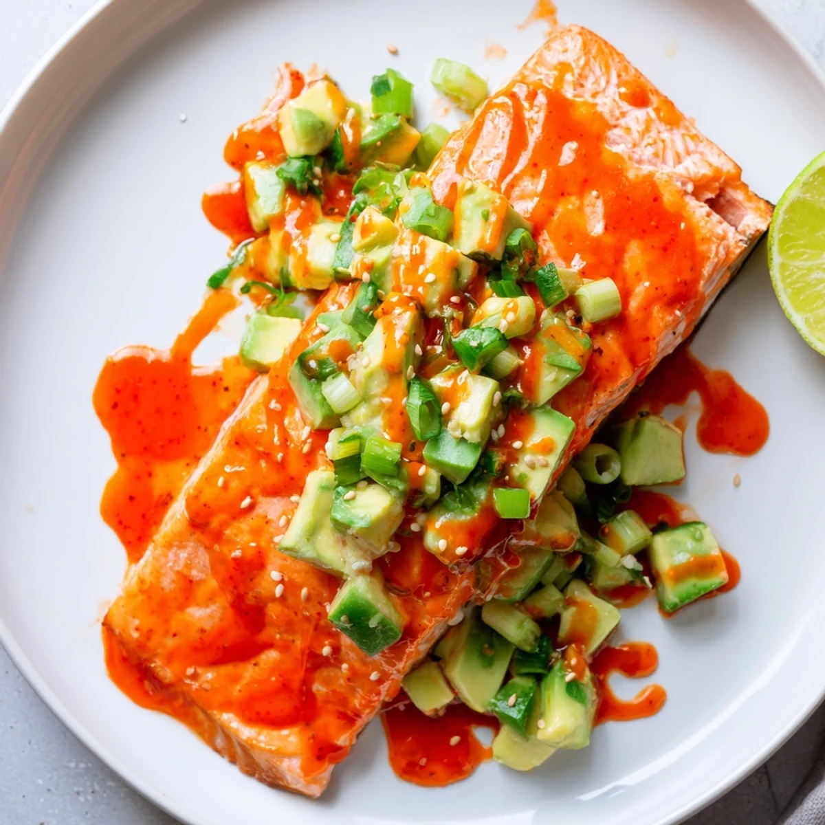 Golden Bang Bang Salmon fillets topped with zesty sauce served over cool avocado cucumber salsa