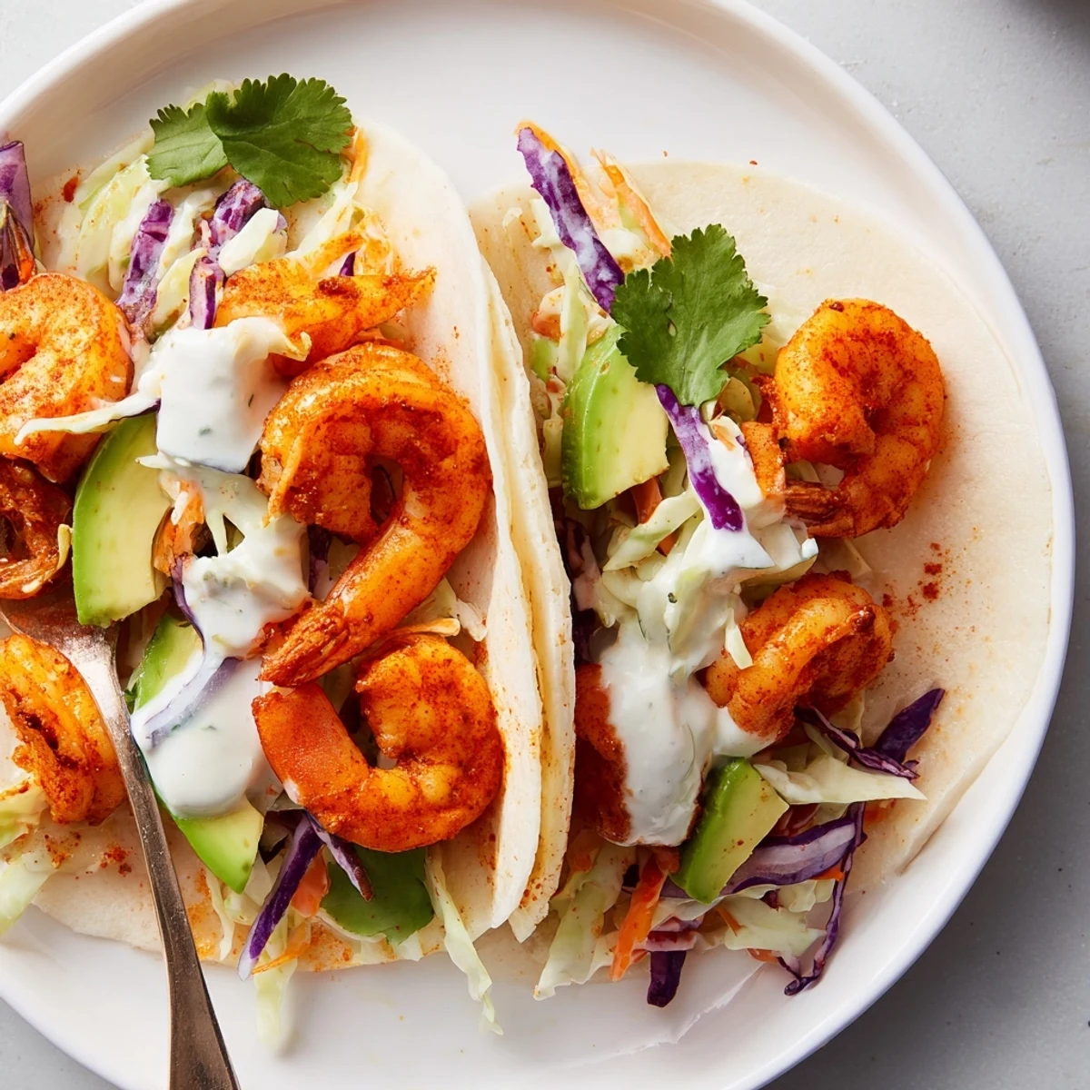 Spicy shrimp tacos piled high with vibrant garlic cilantro lime slaw on warm tortillas