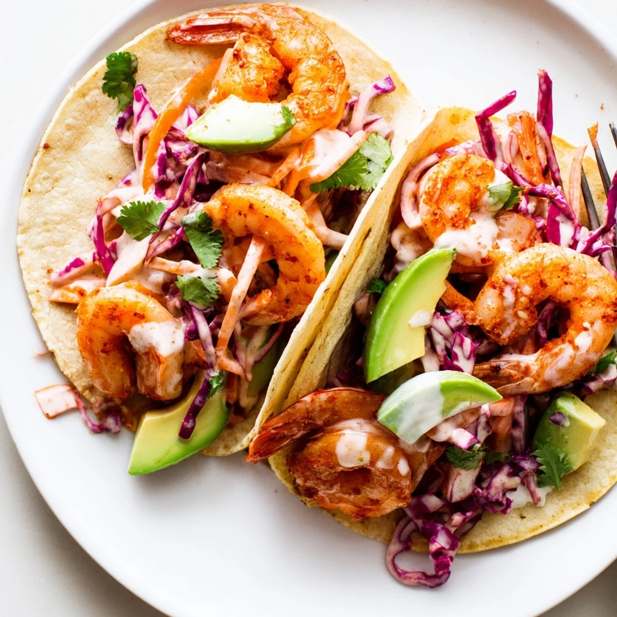Close-up of spicy shrimp tacos featuring creamy slaw, avocado slices, and fresh lime wedges
