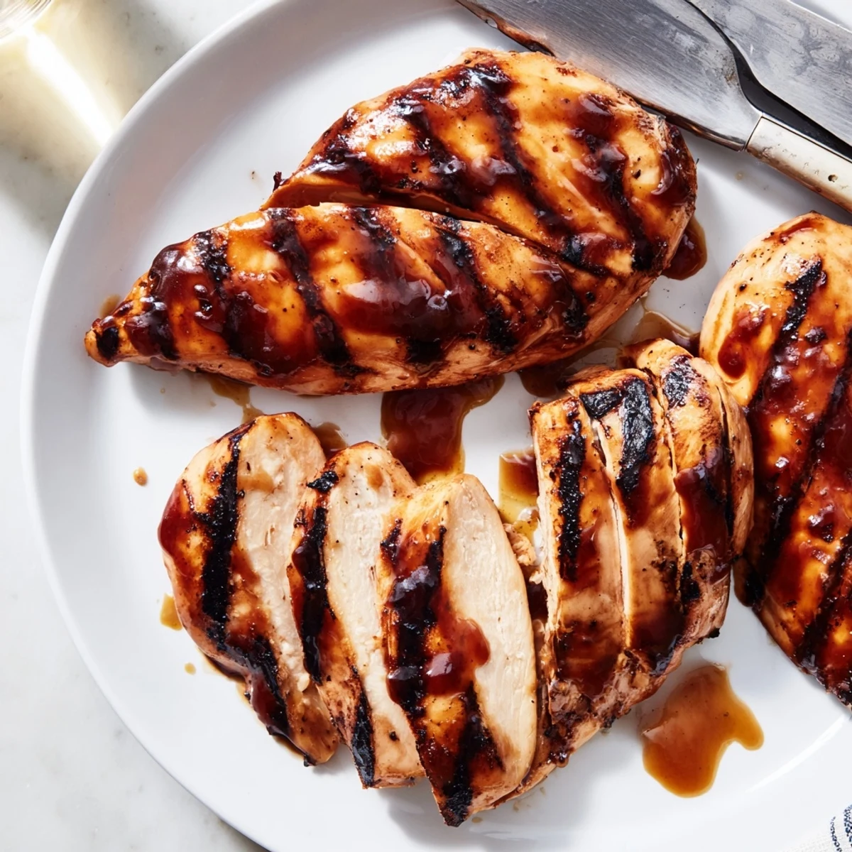 Golden sticky Grilled Coca Cola Glazed Chicken Breast garnished with fresh herbs on a wooden cutting board