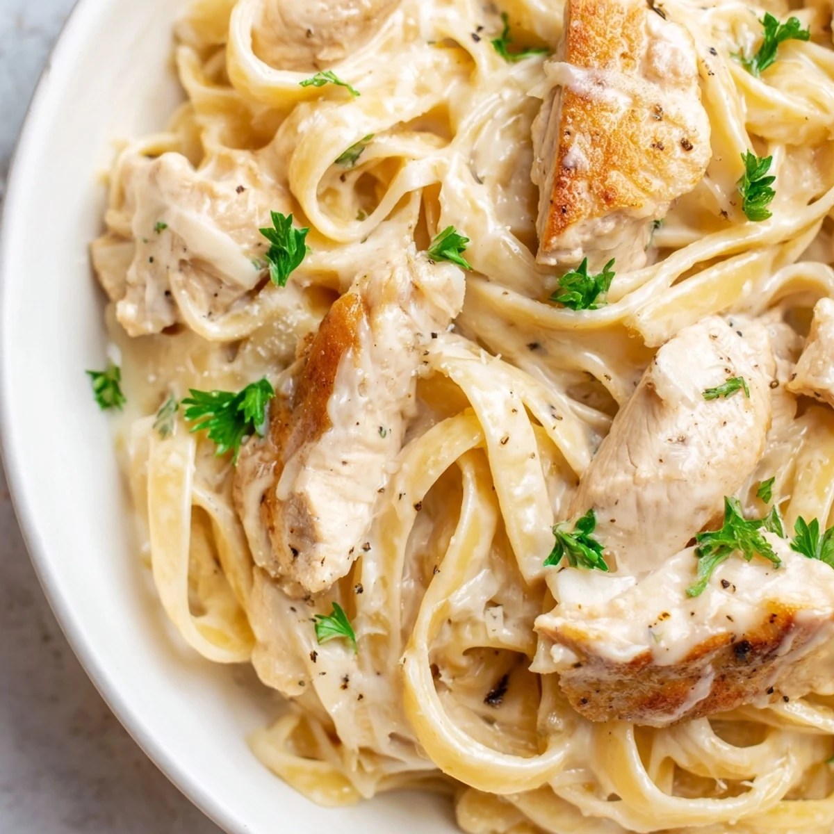 Creamy Garlic Parmesan Chicken Pasta in a white bowl with fresh parsley garnish