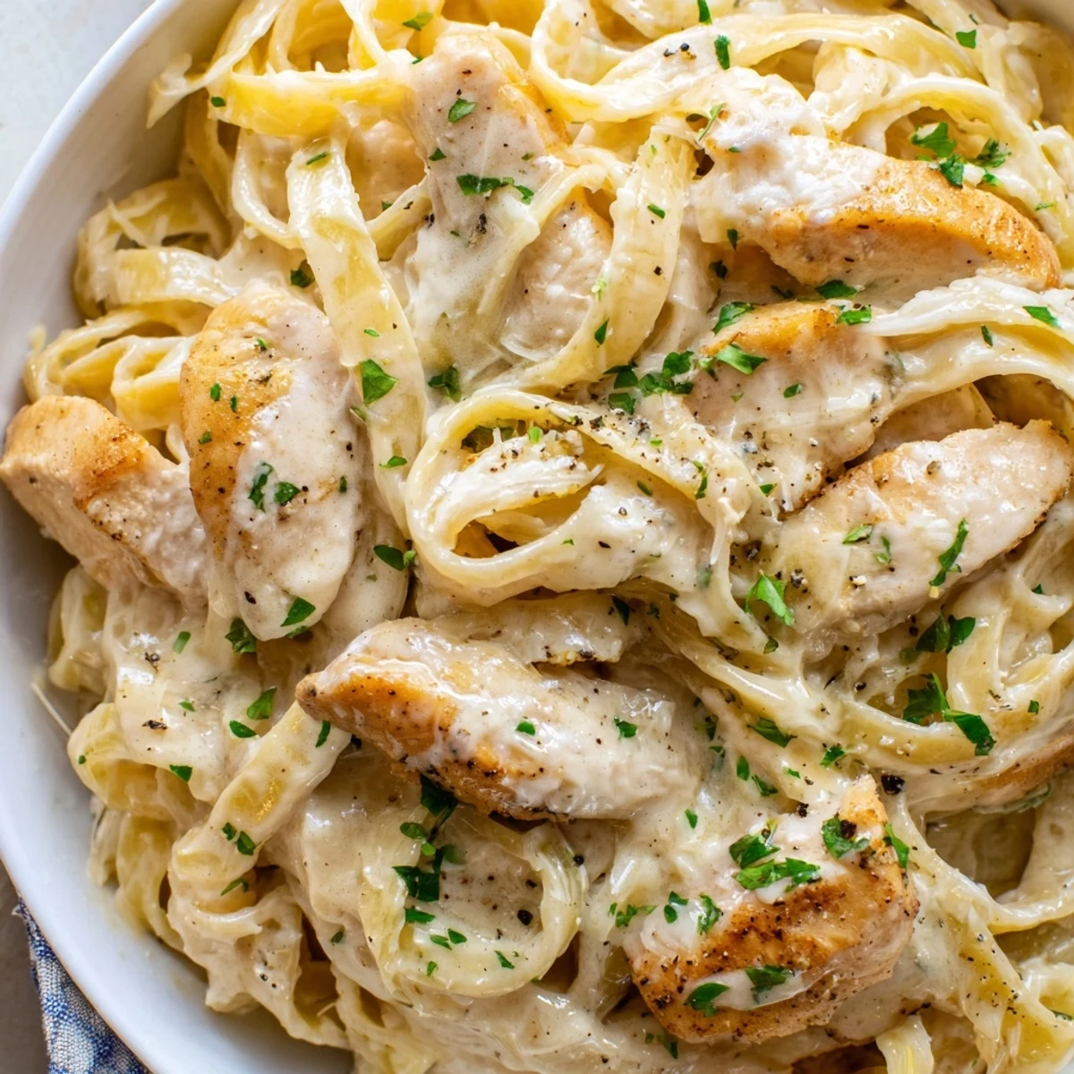 Tender sliced chicken over Creamy Garlic Parmesan Chicken Pasta on a rustic plate