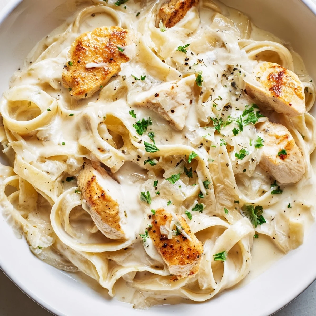 Close-up of Creamy Garlic Parmesan Chicken Pasta coated in rich velvety garlic sauce