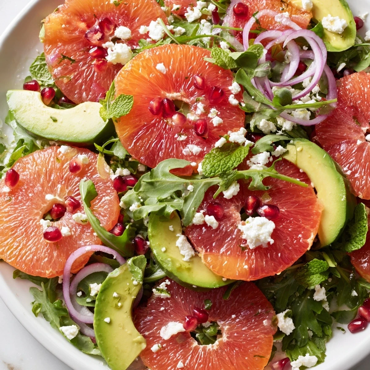 Colorful citrus salad with pomegranate arils, creamy avocado slices, and crumbled feta on a platter