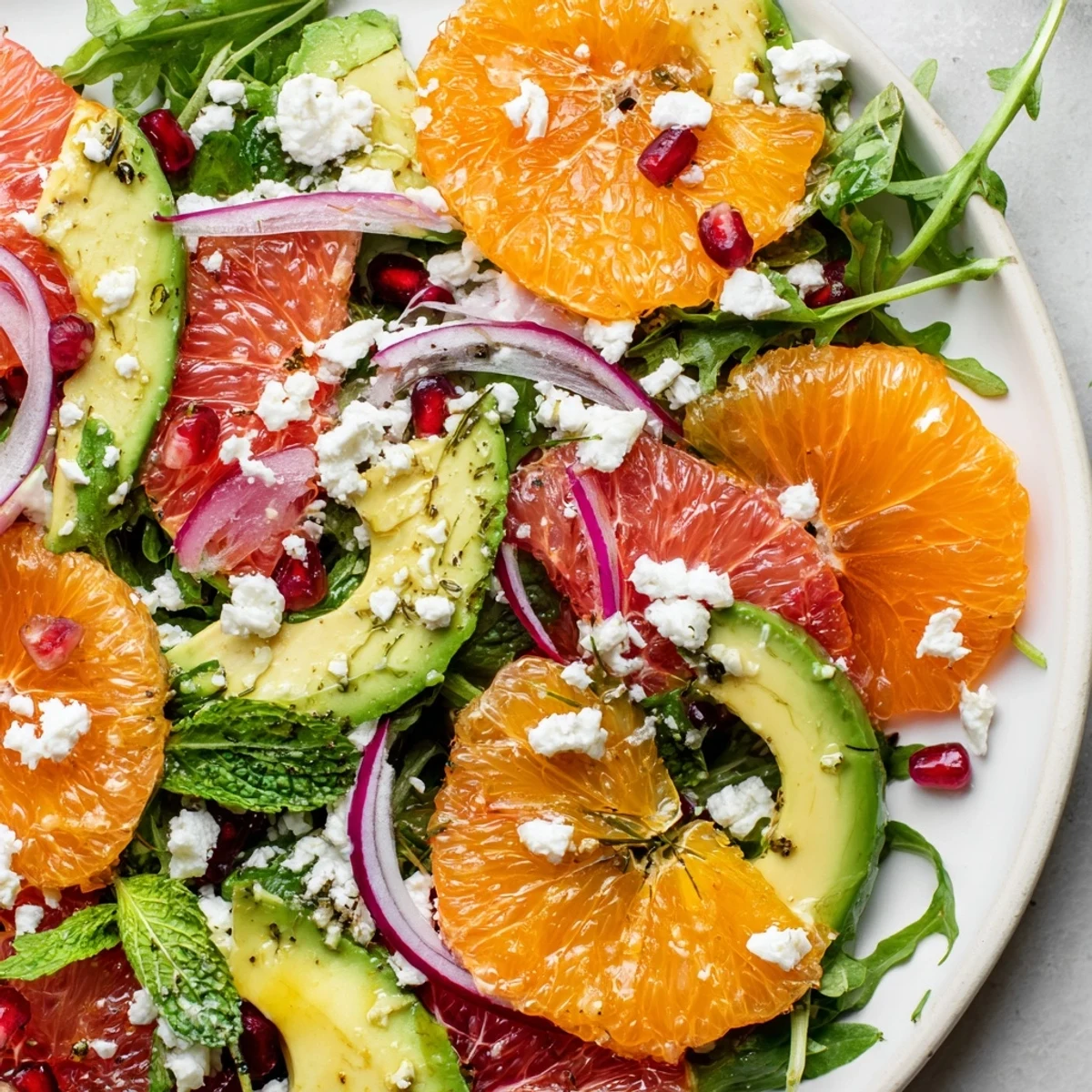 Bright citrus salad topped with ruby pomegranate seeds, ripe avocado, and tangy feta cheese