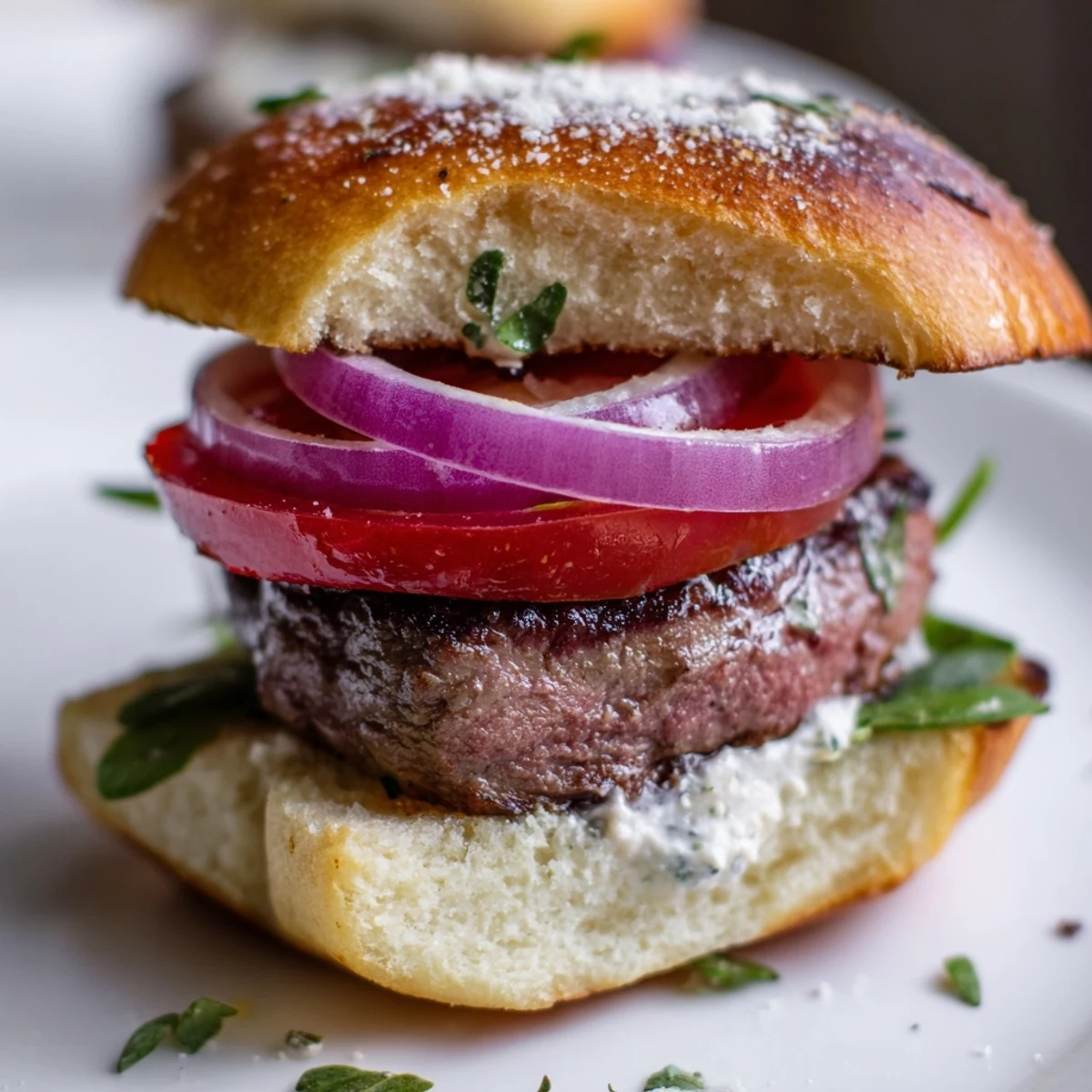 Crispy garlic parmesan rolls holding tender seared filet mignon sliders with sliced tomatoes