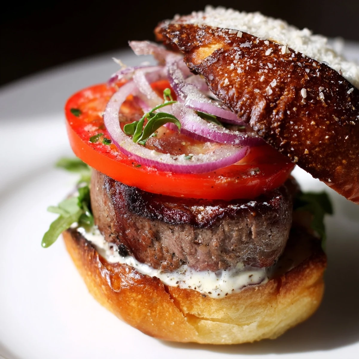 Juicy filet mignon sliders on golden garlic parmesan rolls topped with fresh arugula