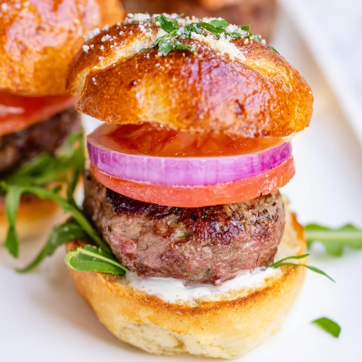 Savory filet mignon sliders nestled in warm buttery garlic parmesan buns with red onion