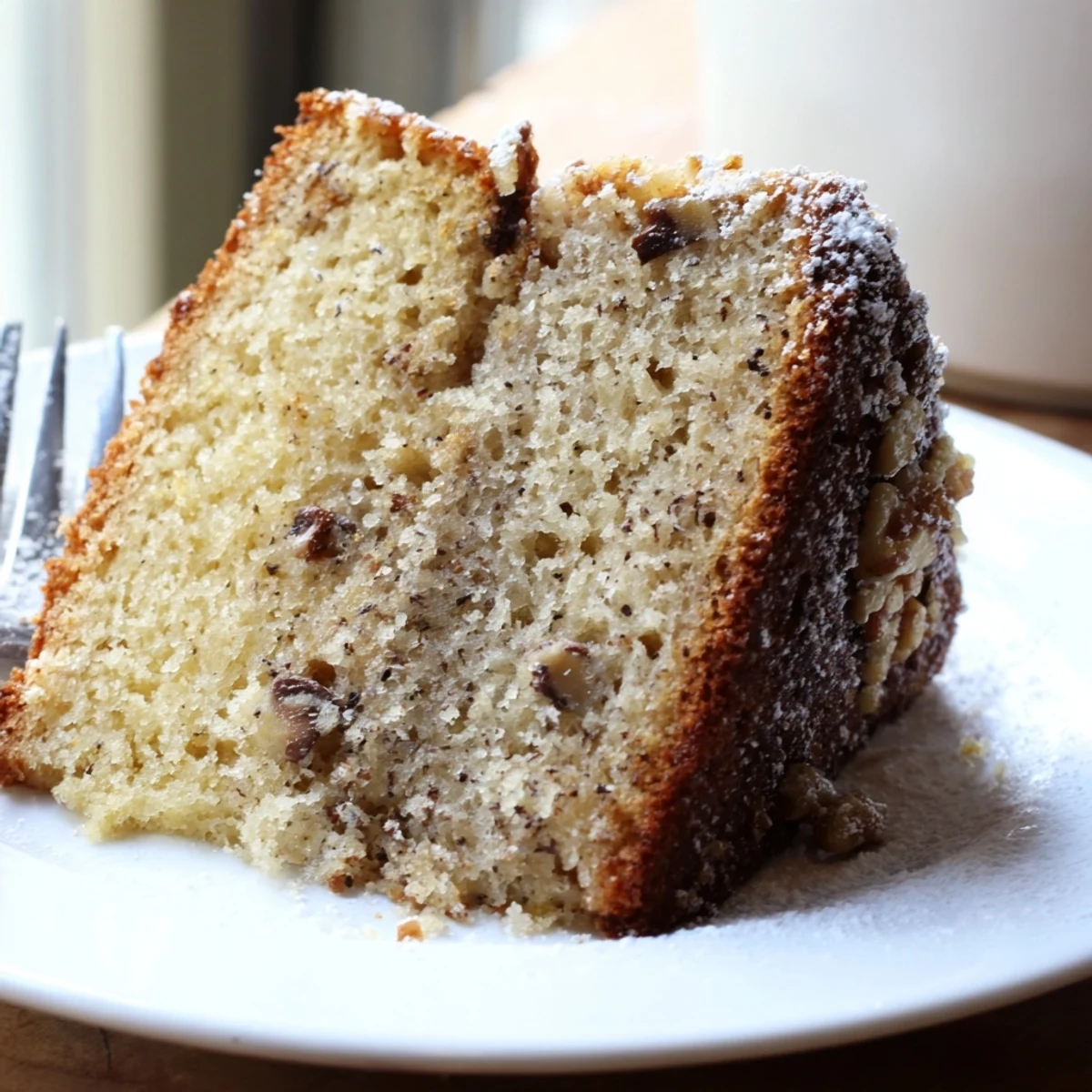 Moist banana cake topped with creamy frosting on a rustic white plate