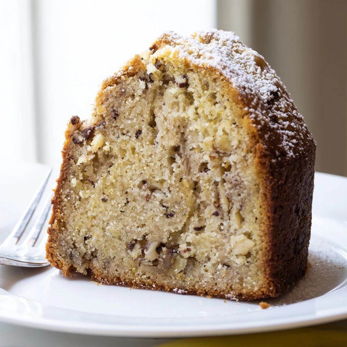 Golden banana cake sliced thick showing tender crumb beside a fork