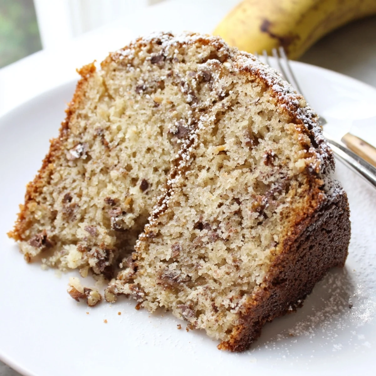Warm banana cake with chopped walnuts served on a checked napkin
