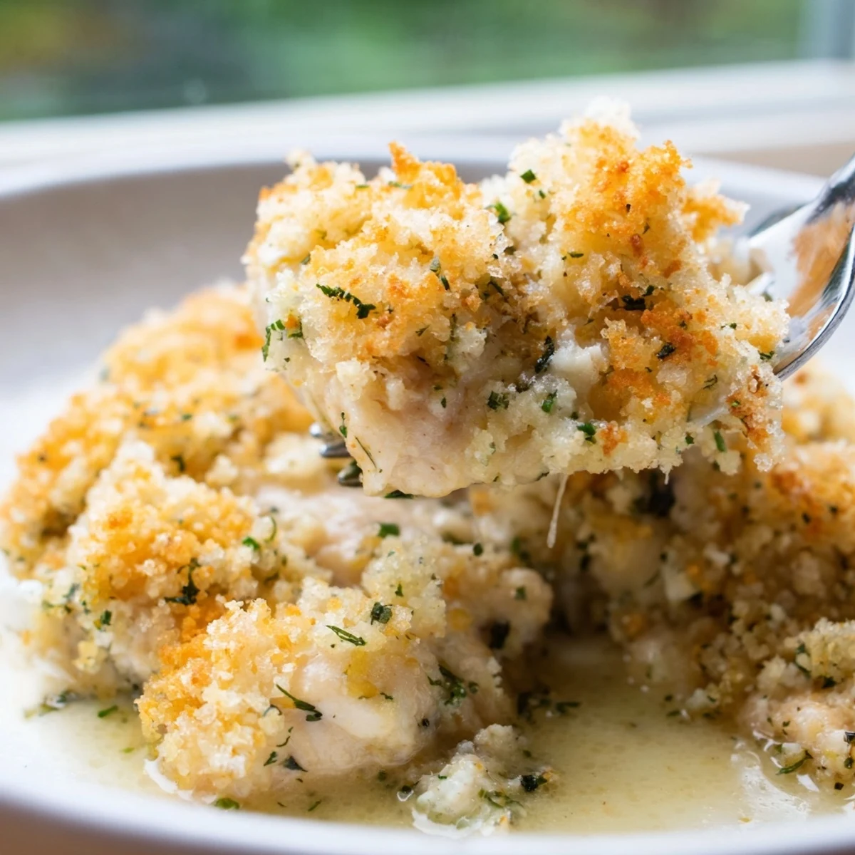 Golden crispy breadcrumb topping on bubbling Chicken Kiev Casserole fresh from oven