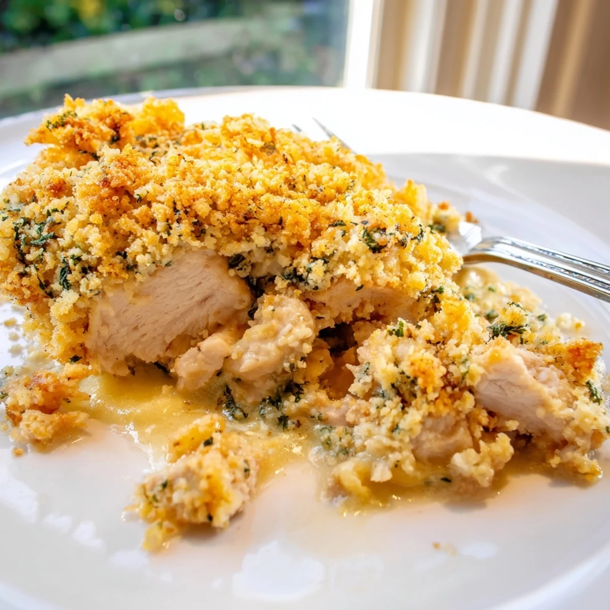 Creamy garlic herb Chicken Kiev Casserole with juicy chicken pieces and melted butter sauce