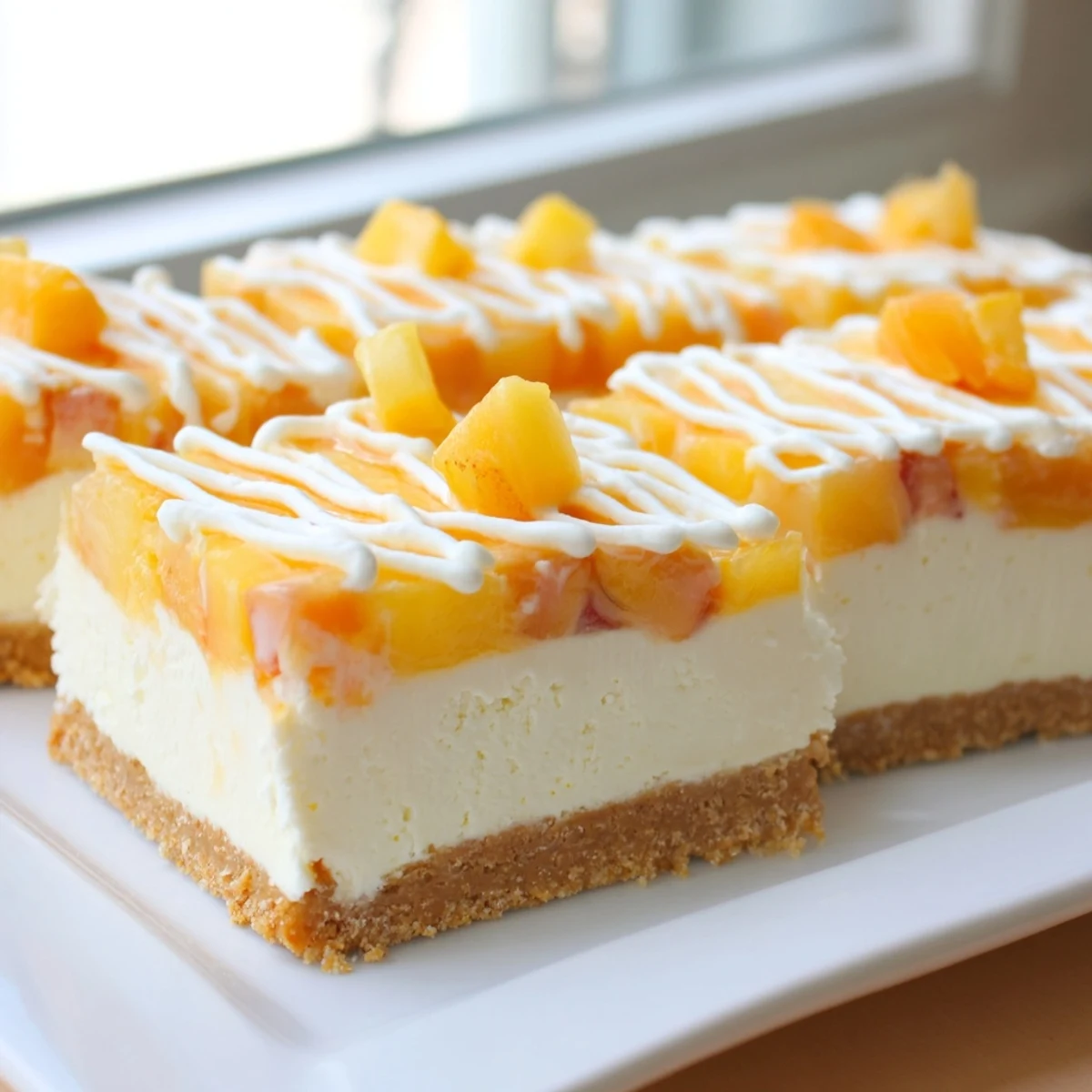Golden Peaches and Cream Cheesecake Bars sliced on a rustic wooden cutting board