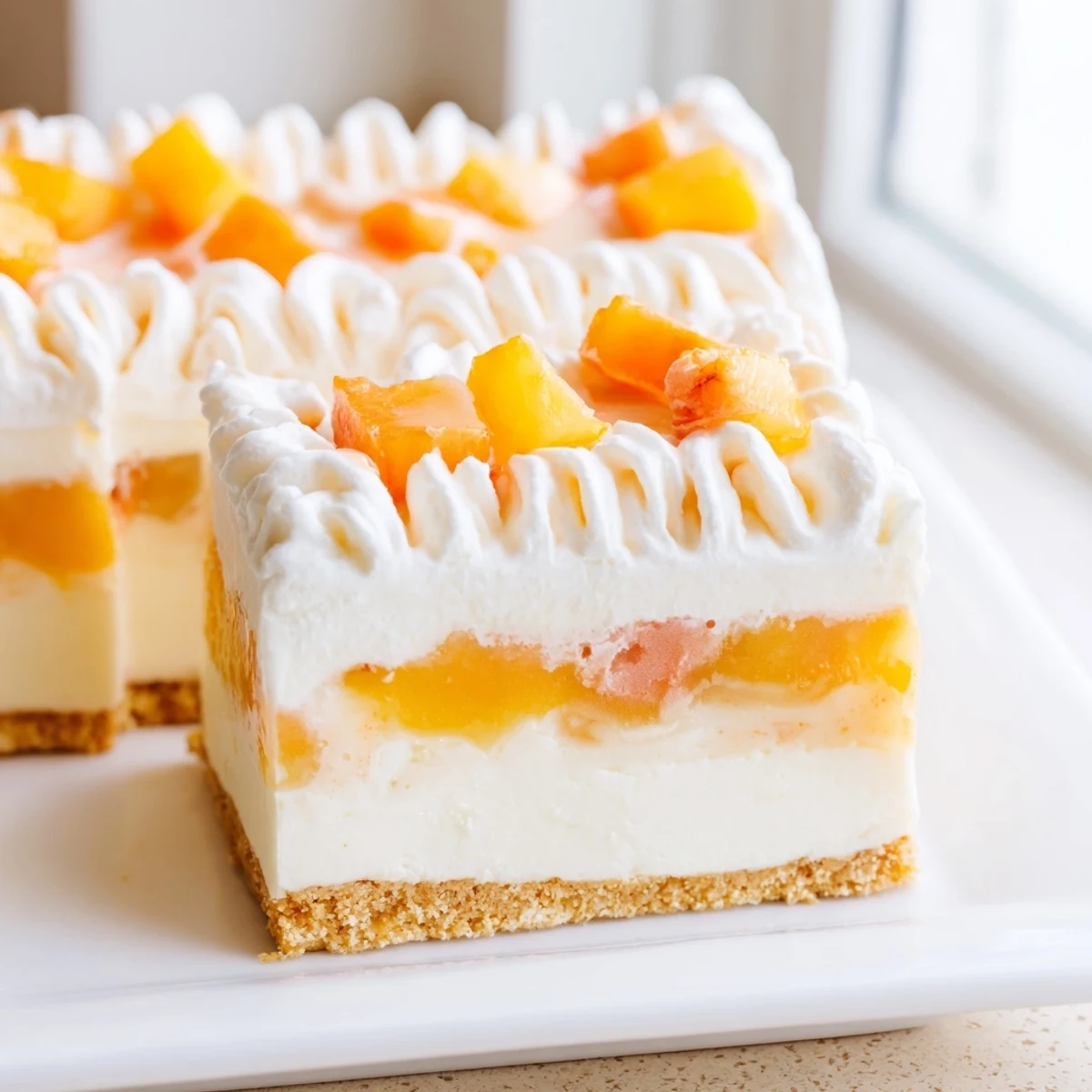 Creamy Peaches and Cream Cheesecake Bars topped with fresh peach slices and whipped cream drizzle
