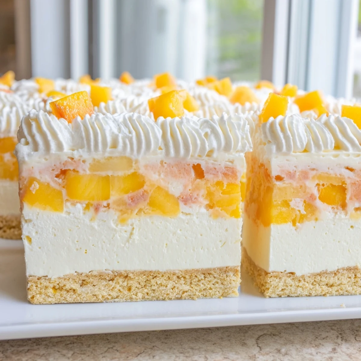 Chilled Peaches and Cream Cheesecake Bars with a buttery graham cracker crust and golden fruit topping