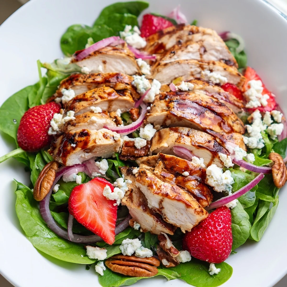 Golden seared chicken resting on a vibrant strawberry chicken salad with tangy poppy seed dressing