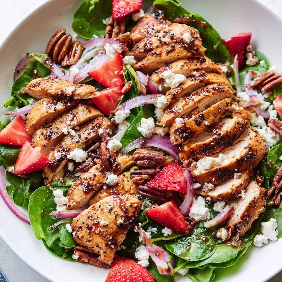 Strawberry chicken salad with sliced strawberries, feta, and toasted pecans on fresh greens