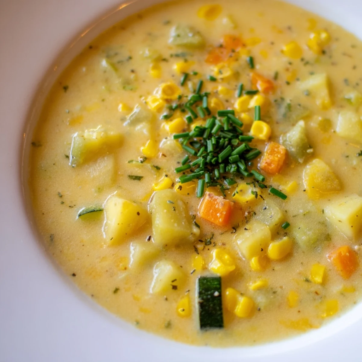 Creamy summer corn zucchini chowder topped with fresh chives in a rustic bowl