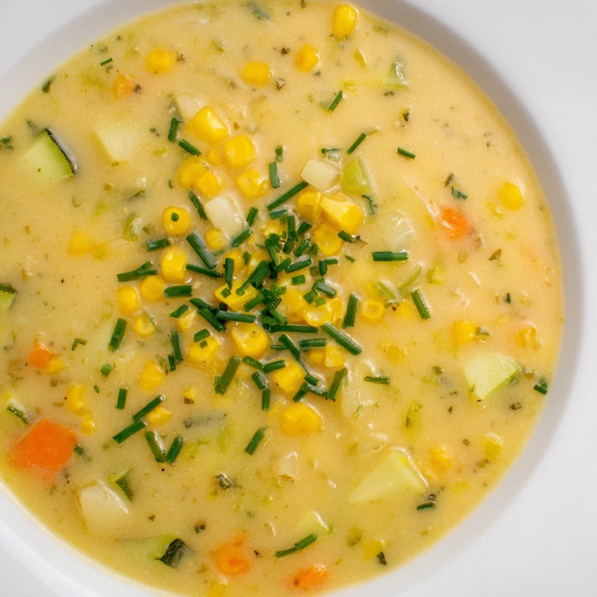 Steaming bowl of summer corn zucchini chowder with tender potatoes and bright herbs
